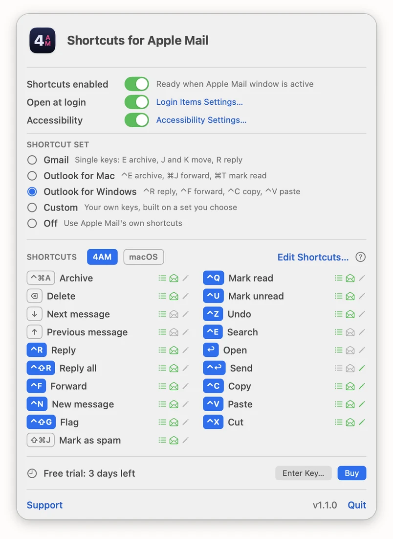 4AM version 1.1.0 menu bar panel: switches for Shortcuts enabled, Open at login and Accessibility; the Shortcut Set picker with Outlook for Windows selected; the list of shortcuts with Control-key keys such as Control-R for Reply and Control-C for Copy; and the free-trial footer with Enter Key and Buy buttons