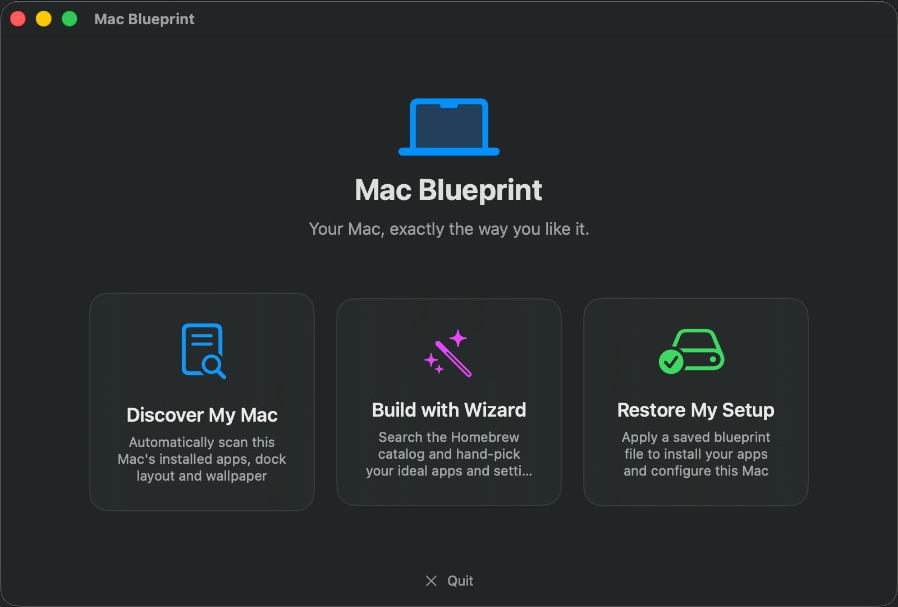 Mac Blueprint home with Discover My Mac, Build with Wizard, and Restore My Setup