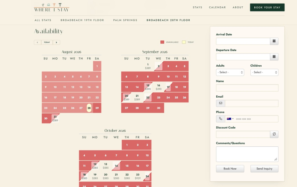 whereistay.co availability calendar and booking enquiry form
