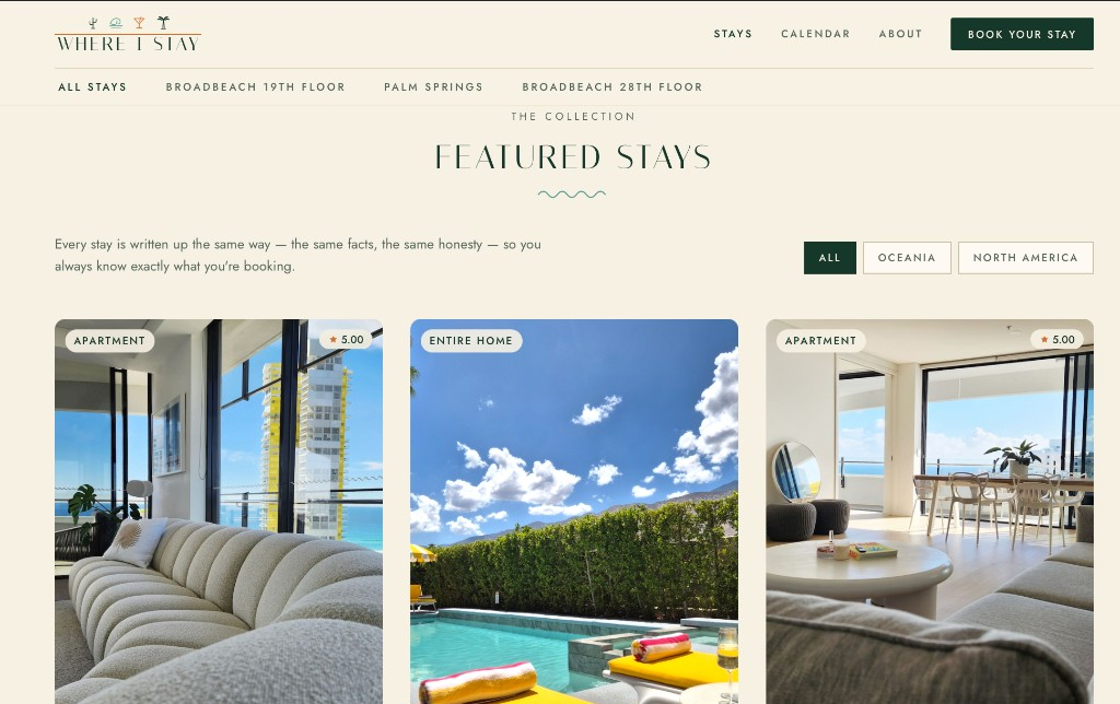 whereistay.co featured stays, with three Gold Coast properties and filters