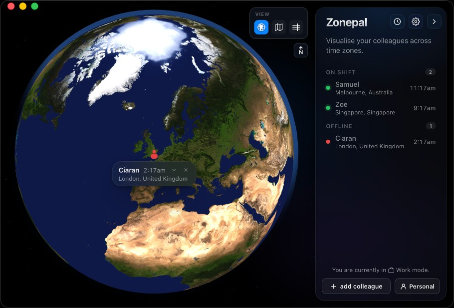 Zonepal globe view with colleagues pinned on a 3D earth and an on-shift list