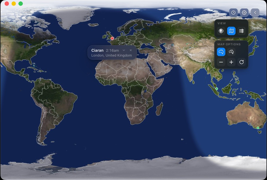 Zonepal map view with day and night shading and colleague markers