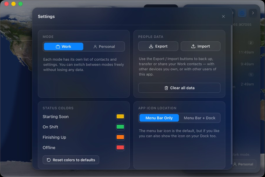 Zonepal settings with Work and Personal modes, data export, and status colours