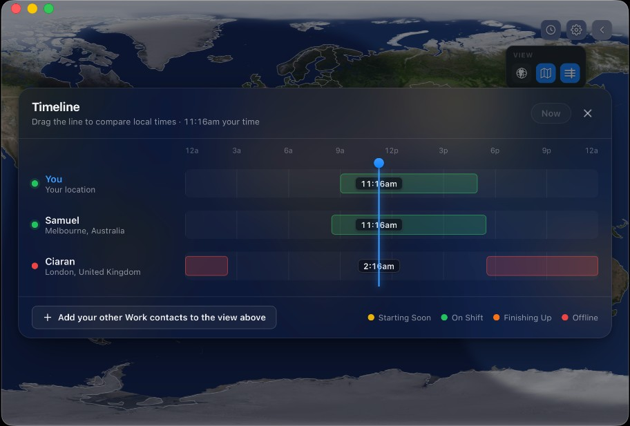 Zonepal timeline comparing local times and shift status across colleagues